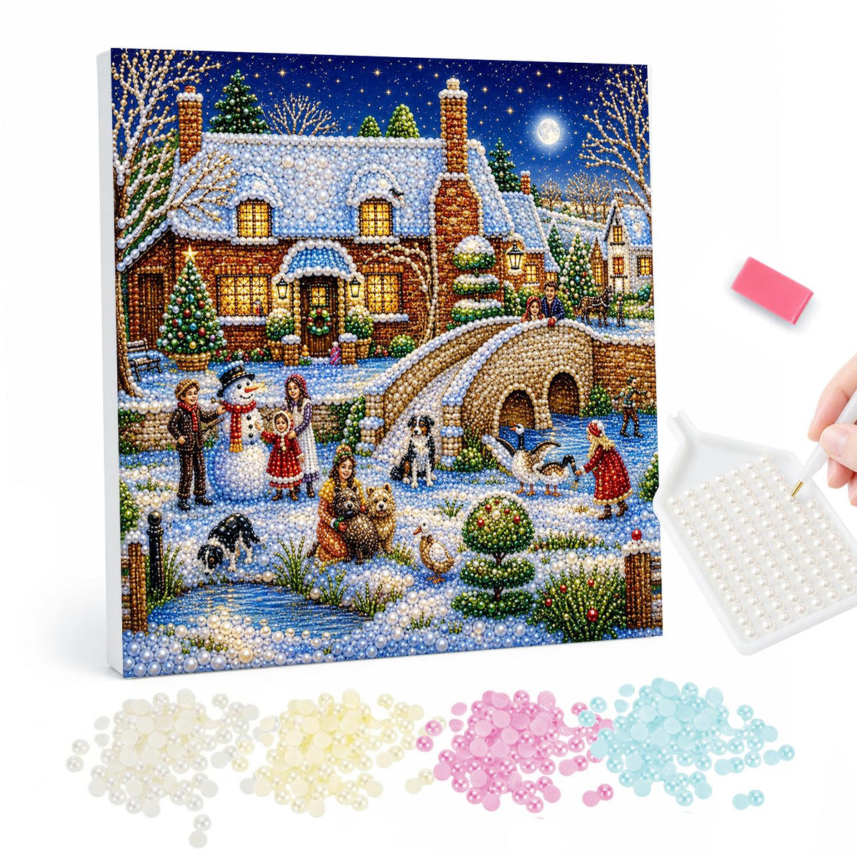 Snowman by the Stone Bridge pearl painting – Brick cottages, a stone bridge and villagers with a snowman and dogs in the snow under a full moon