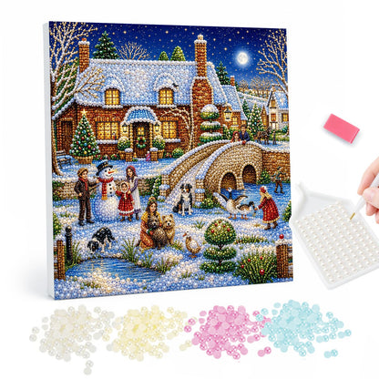 Snowman by the Stone Bridge pearl painting – Brick cottages, a stone bridge and villagers with a snowman and dogs in the snow under a full moon