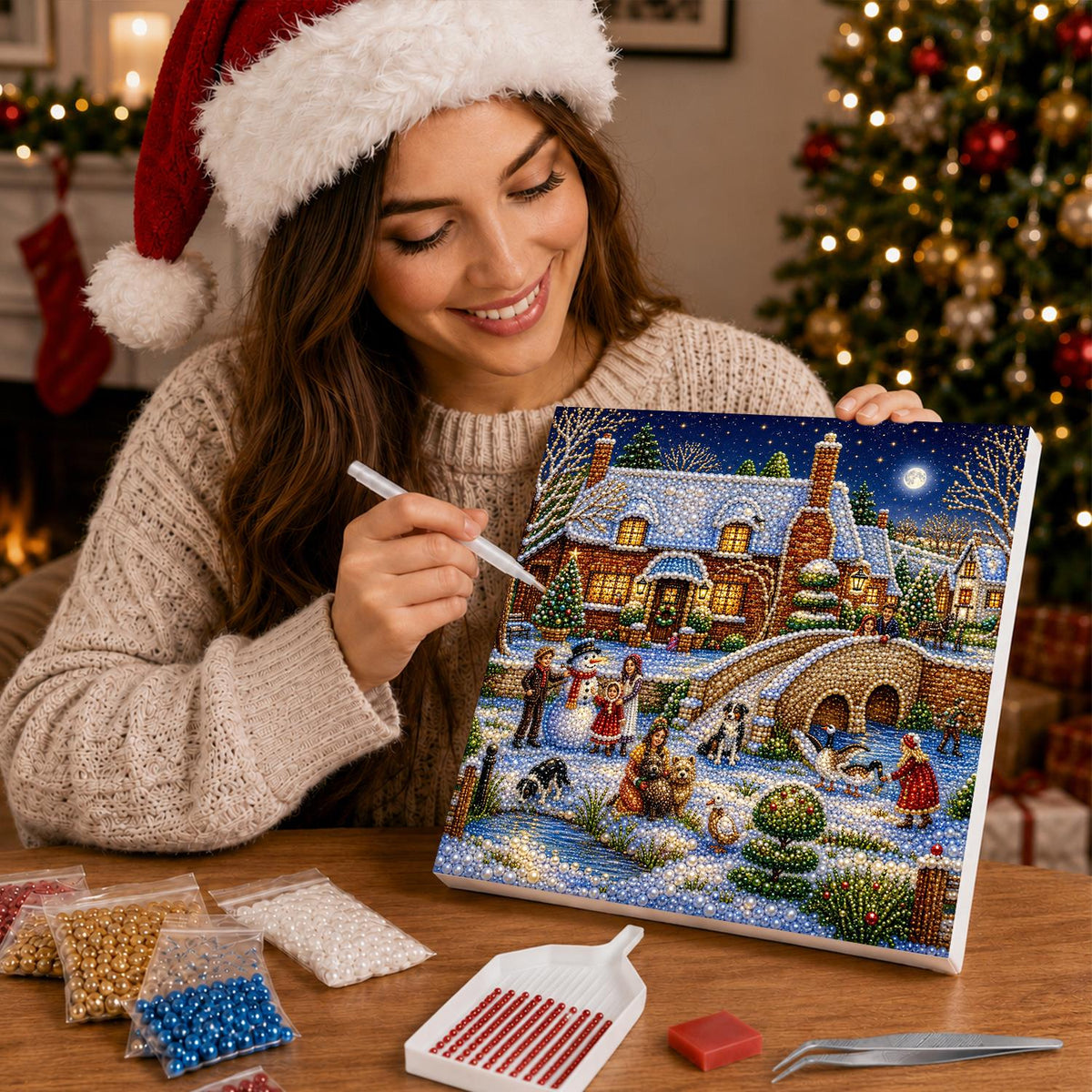 Snowman by the Stone Bridge pearl painting – image 16