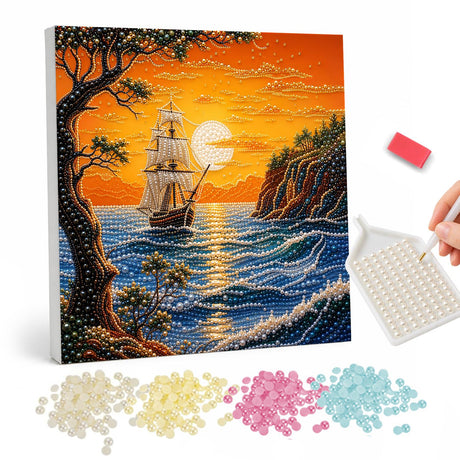 Pearl Painting Sunset Sailing Ship pearl painting – image 1