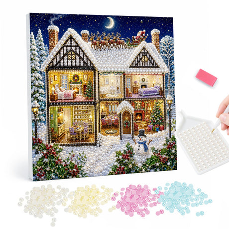 Pearl Painting Christmas Cottage with Santa’s Sleigh pearl painting – image 1