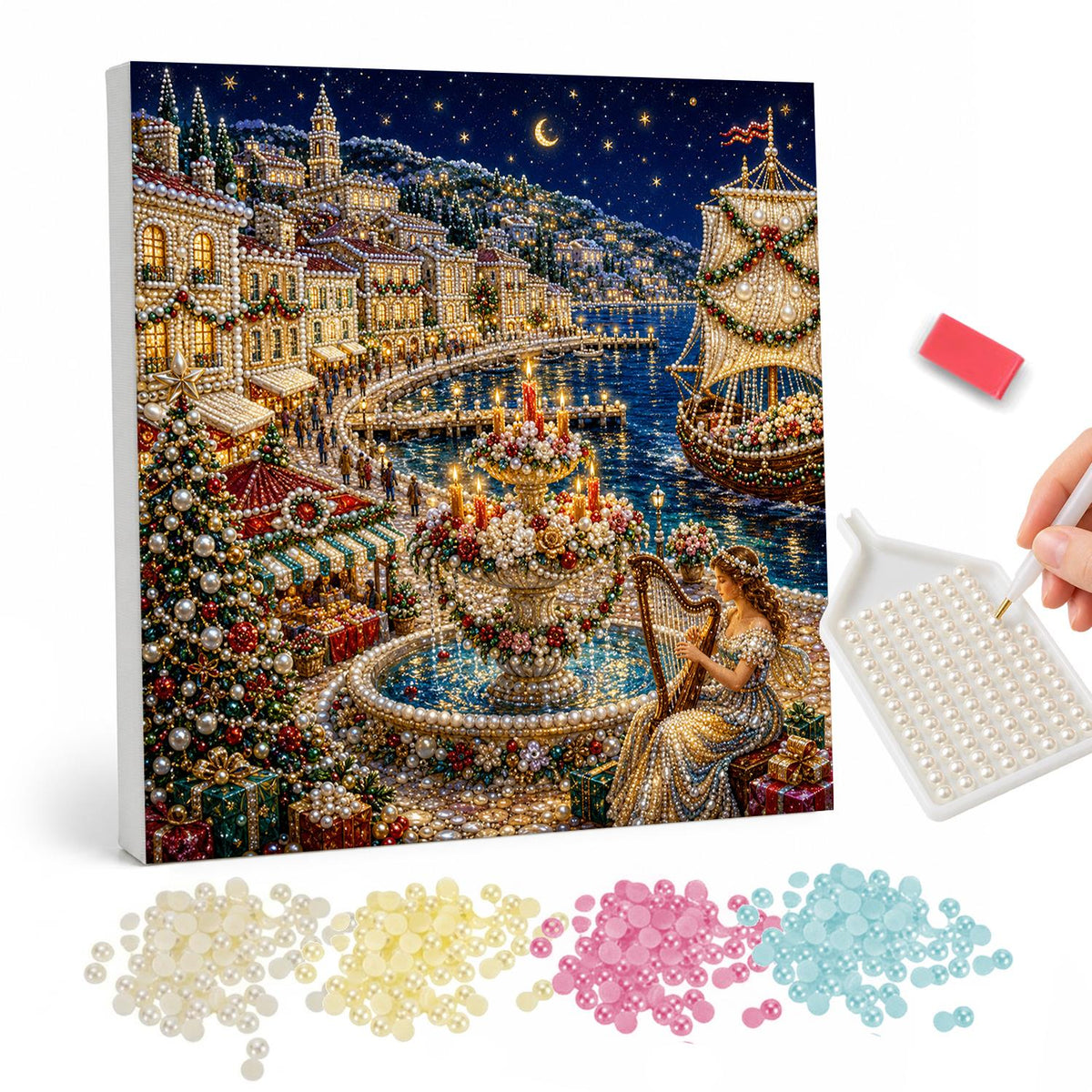 Harpist by the Harbor Fountain pearl painting – Woman playing a harp beside a candlelit fountain in a festive seaside village at night, a tall ship behind