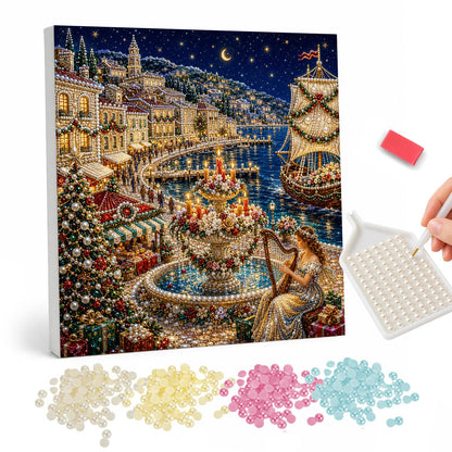 Harpist by the Harbor Fountain pearl painting – Woman playing a harp beside a candlelit fountain in a festive seaside village at night, a tall ship behind