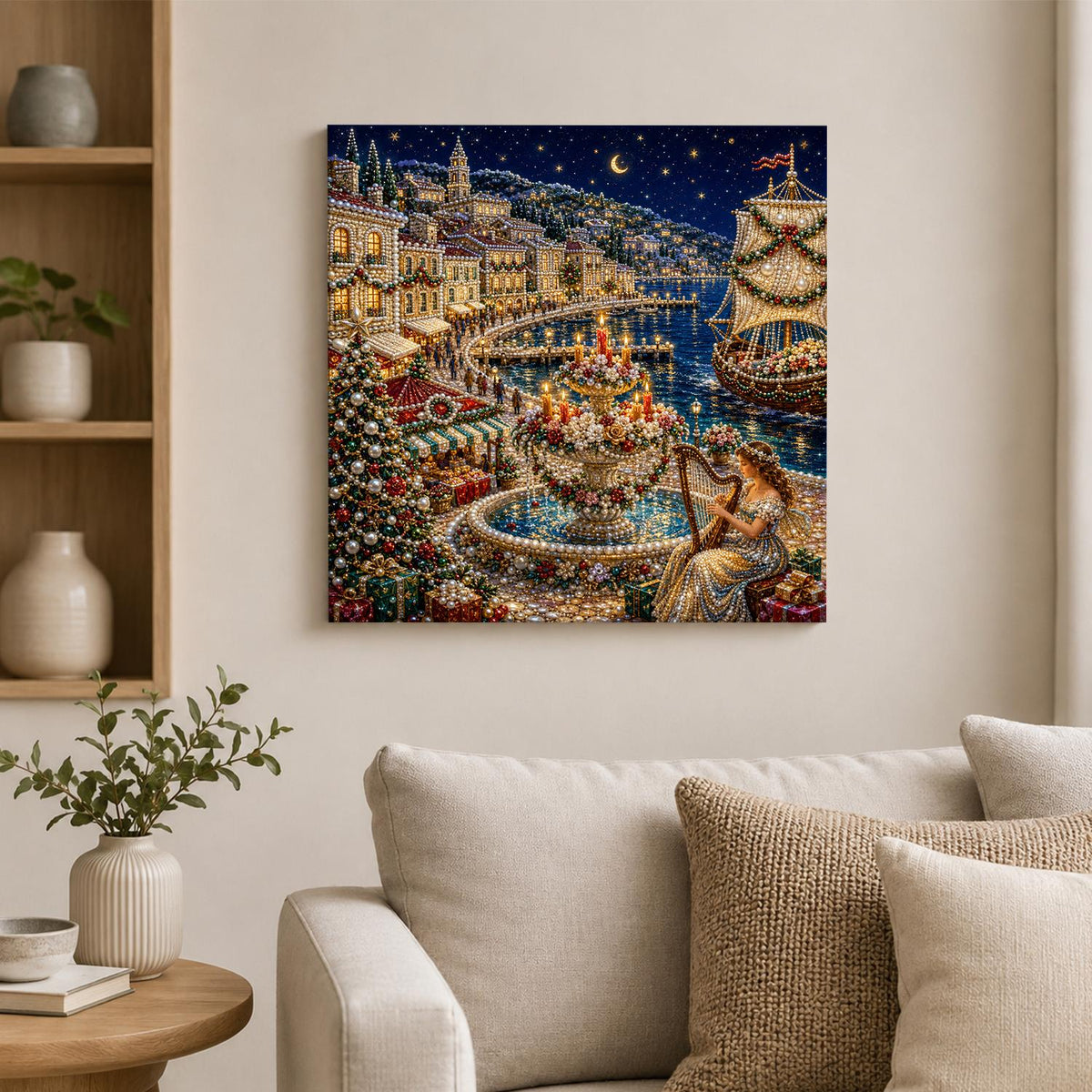 Harpist by the Harbor Fountain pearl painting – image 2