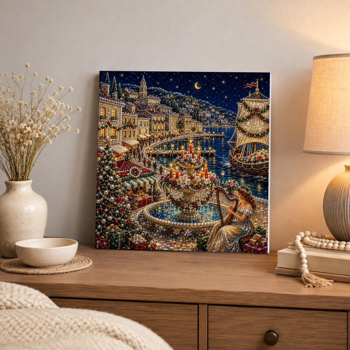 Harpist by the Harbor Fountain pearl painting – image 3