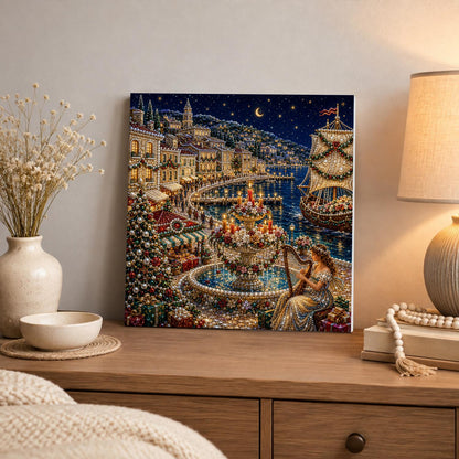 Harpist by the Harbor Fountain pearl painting – image 3
