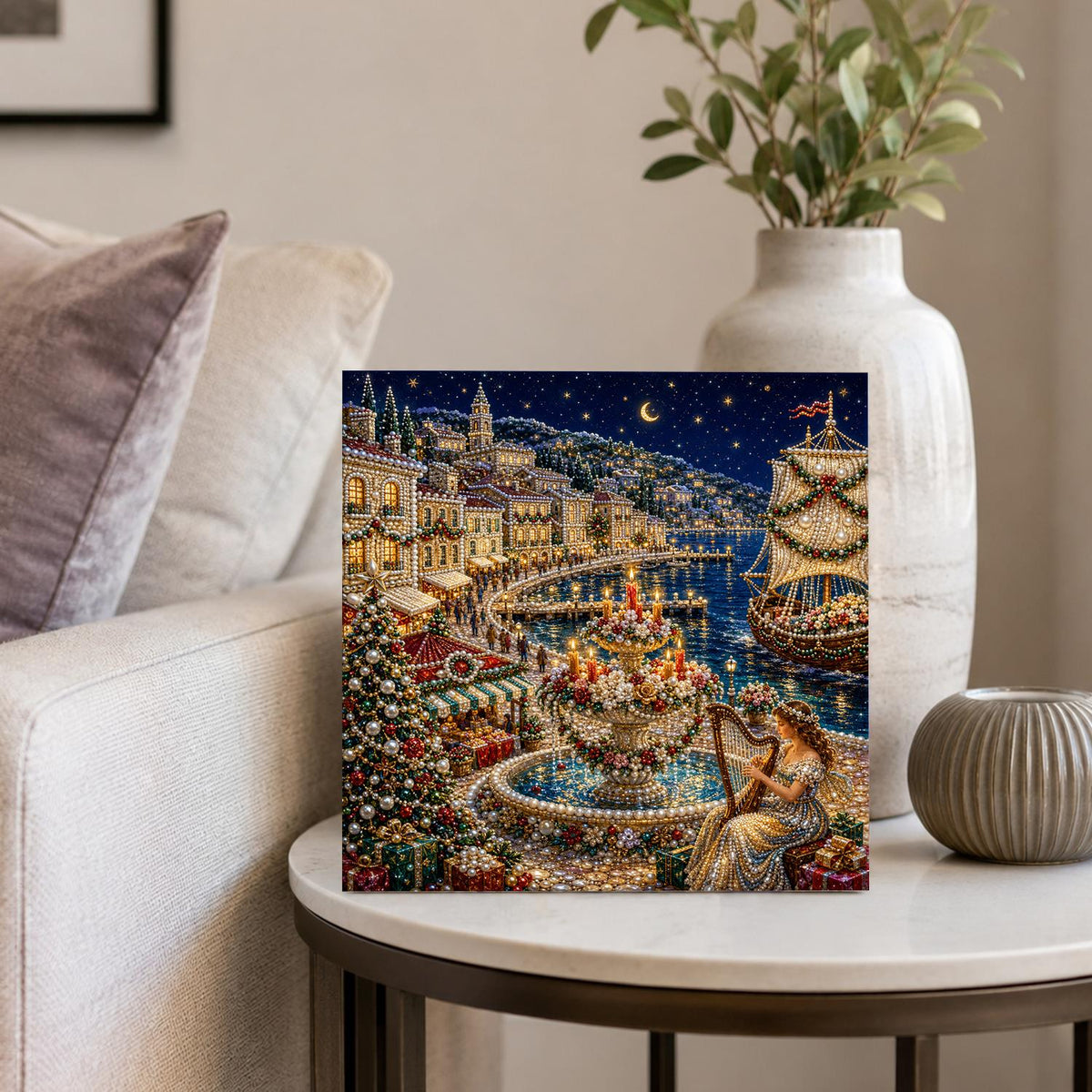 Harpist by the Harbor Fountain pearl painting – image 4