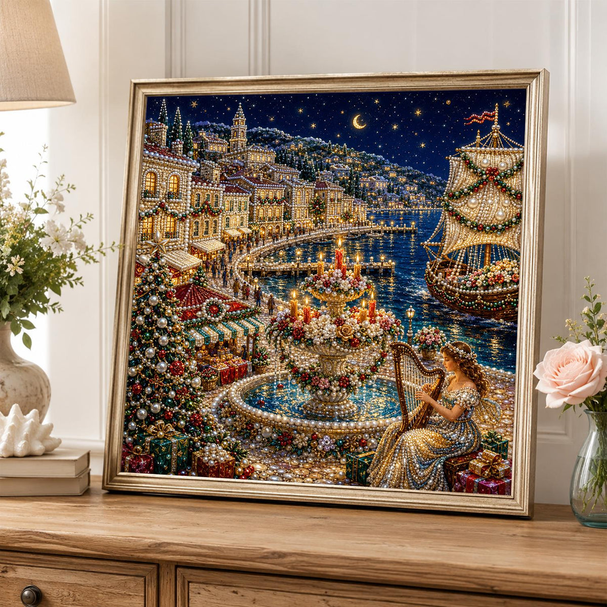 Harpist by the Harbor Fountain pearl painting – image 5
