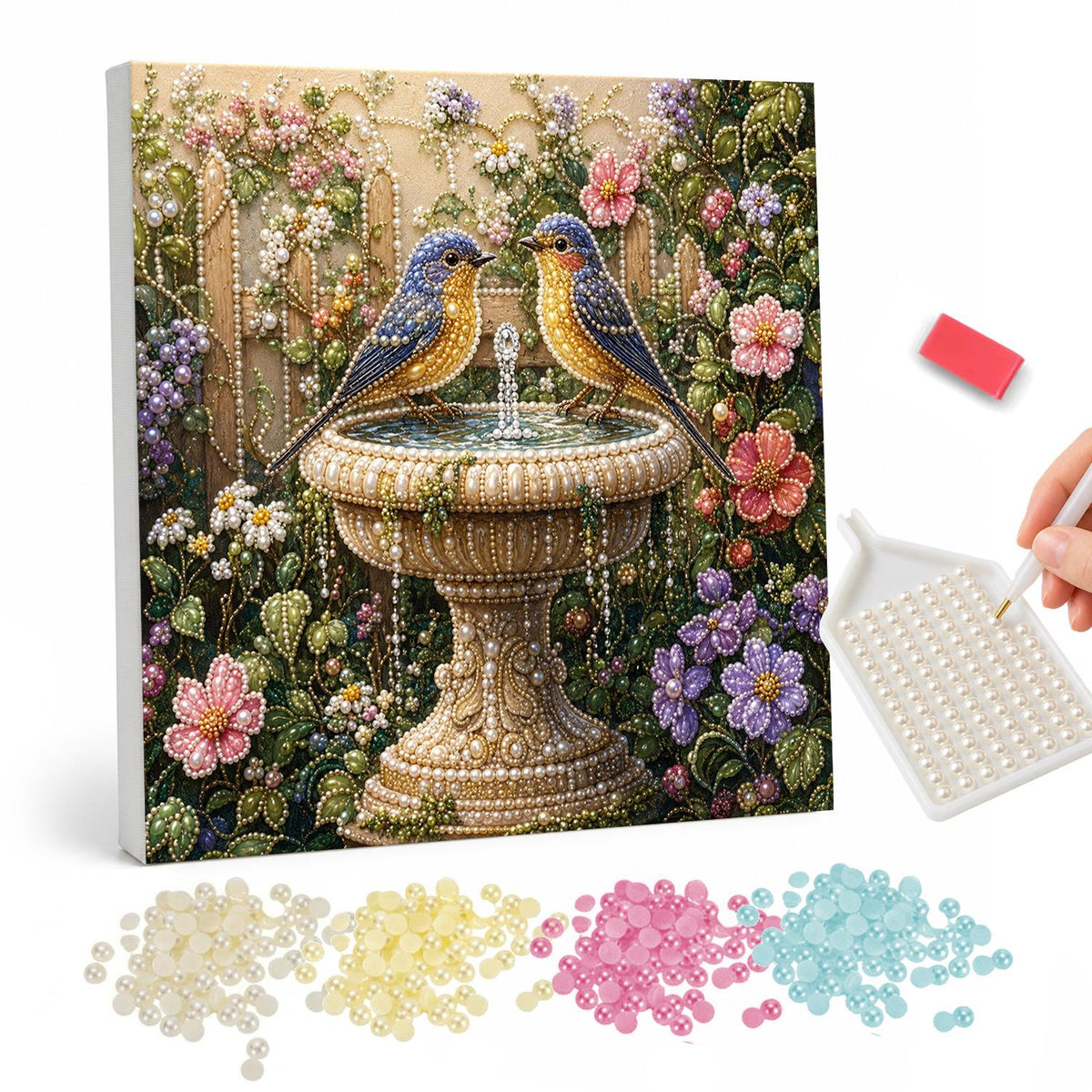 Bluebirds at the Garden Birdbath pearl painting – Two bluebirds perched on a stone birdbath fountain surrounded by pink and purple flowers