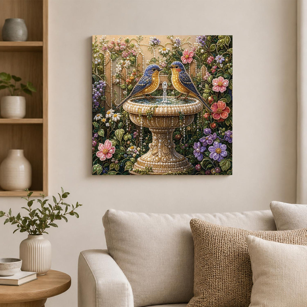 Bluebirds at the Garden Birdbath pearl painting – image 2