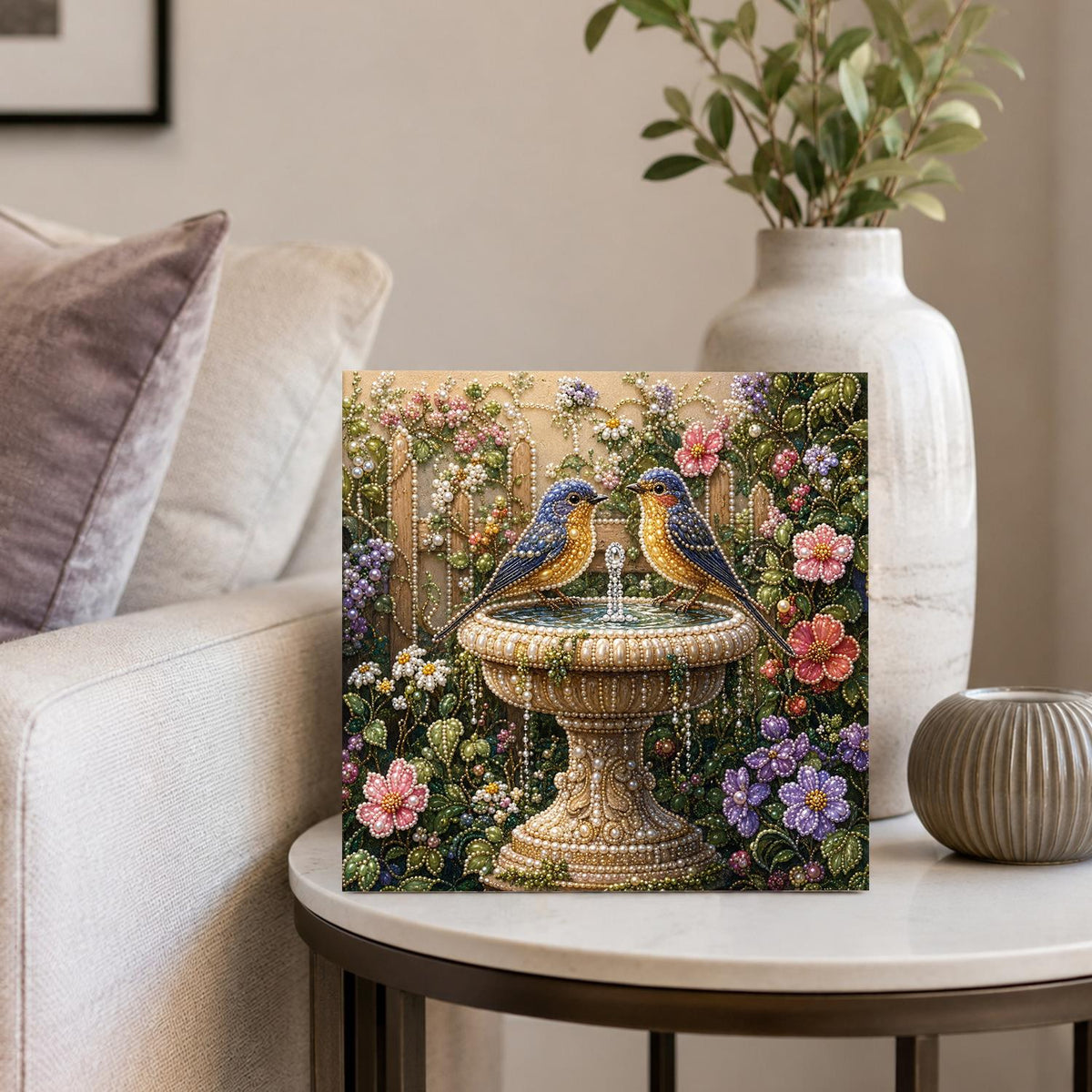 Bluebirds at the Garden Birdbath pearl painting – image 4