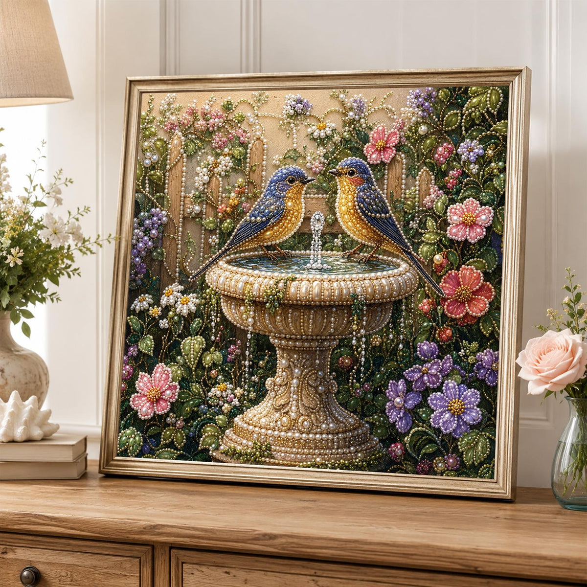 Bluebirds at the Garden Birdbath pearl painting – image 5