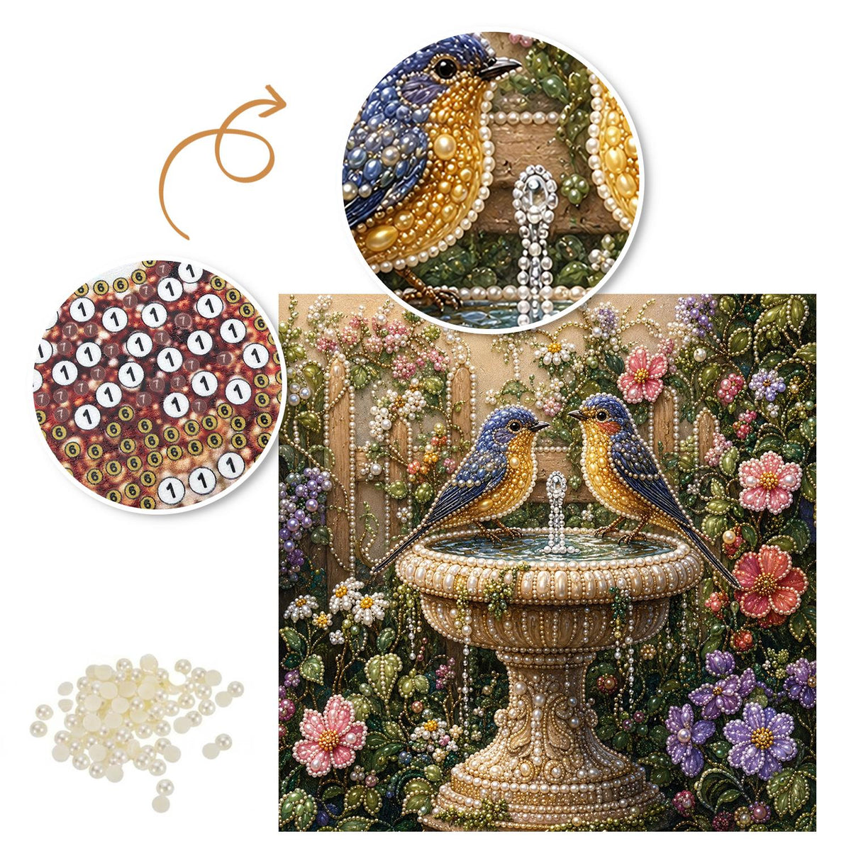 Bluebirds at the Garden Birdbath pearl painting – image 6