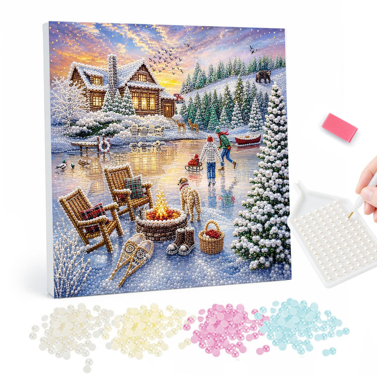 Fire Pit by the Frozen Pond pearl painting – Two wooden chairs by a fire pit on a frozen pond with skaters, a dog and a lakeside cabin at dusk