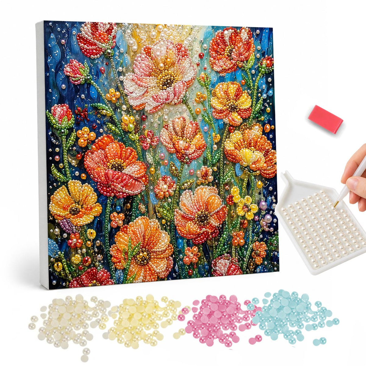 Coral Poppies on Midnight Blue pearl painting – Cluster of orange, coral and pink poppies with buds against a deep blue background