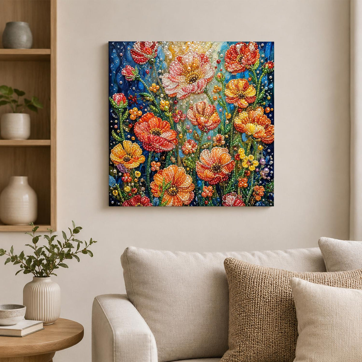 Coral Poppies on Midnight Blue pearl painting – image 2