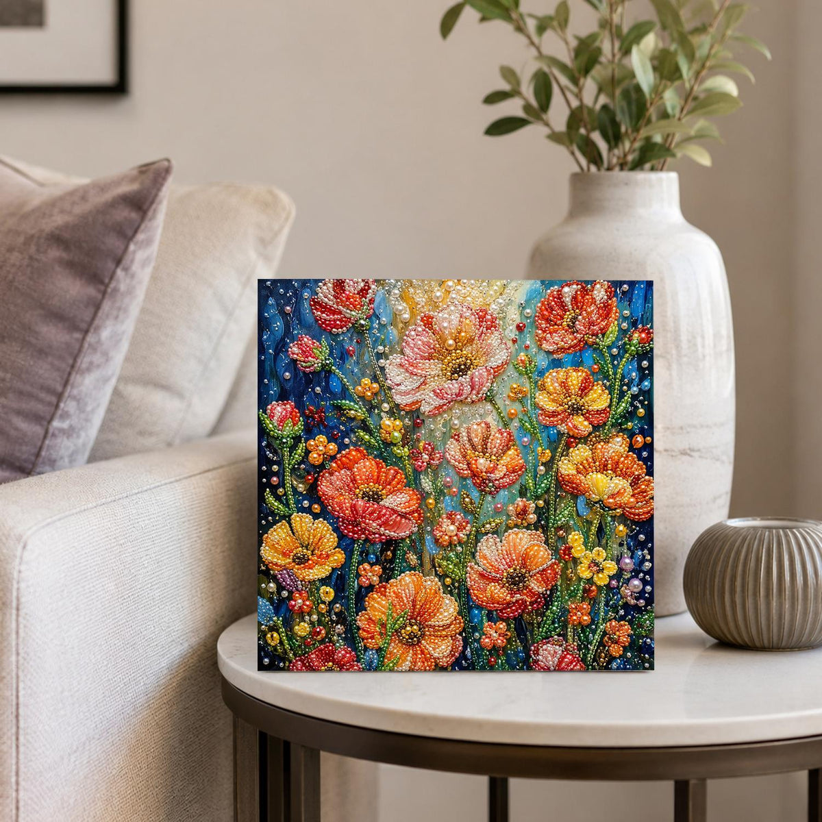 Coral Poppies on Midnight Blue pearl painting – image 4