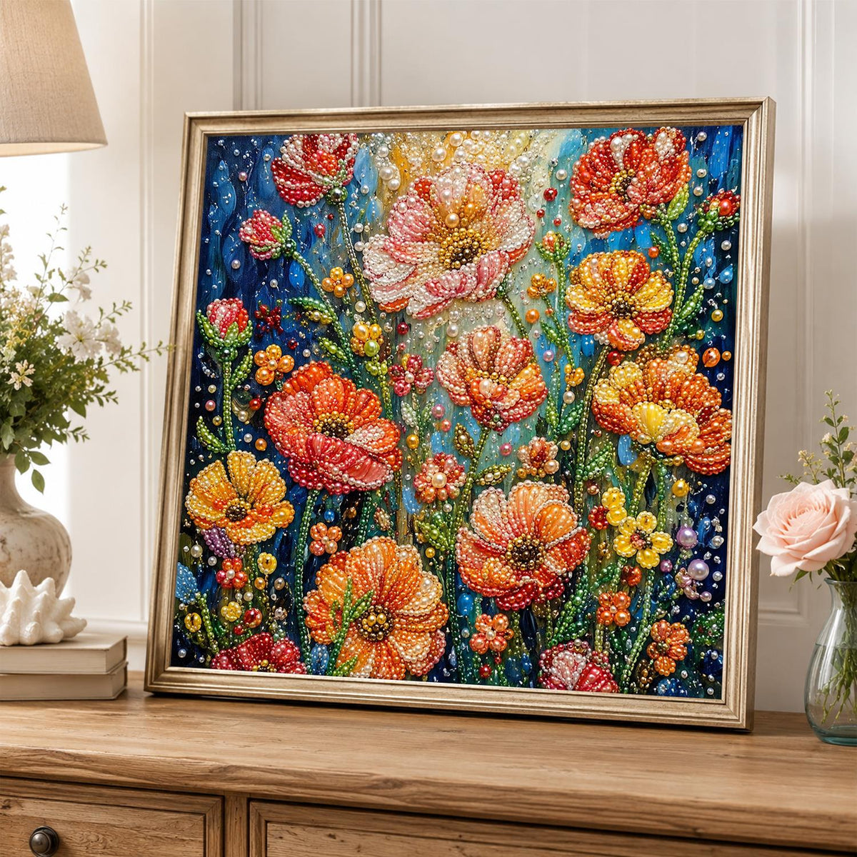 Coral Poppies on Midnight Blue pearl painting – image 5