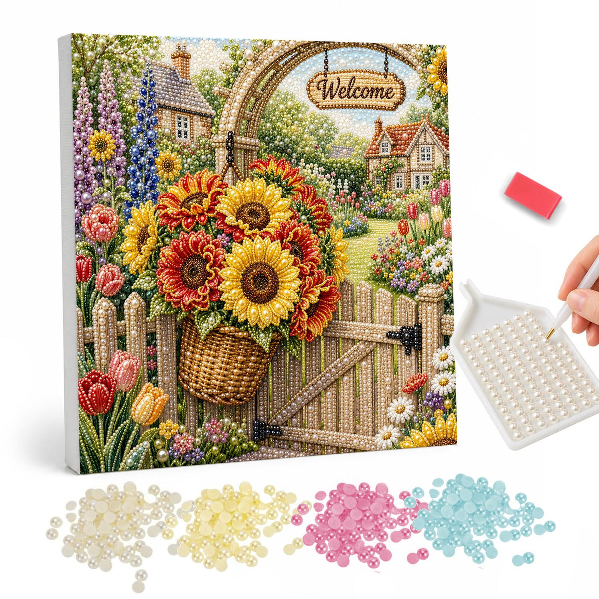 Sunflower Basket Garden Gate pearl painting – Wooden garden gate with a basket of sunflowers under a welcome sign, a cottage and tulips behind