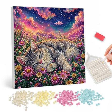 Curled Cat in a Starry Flower Garden pearl painting – image 1