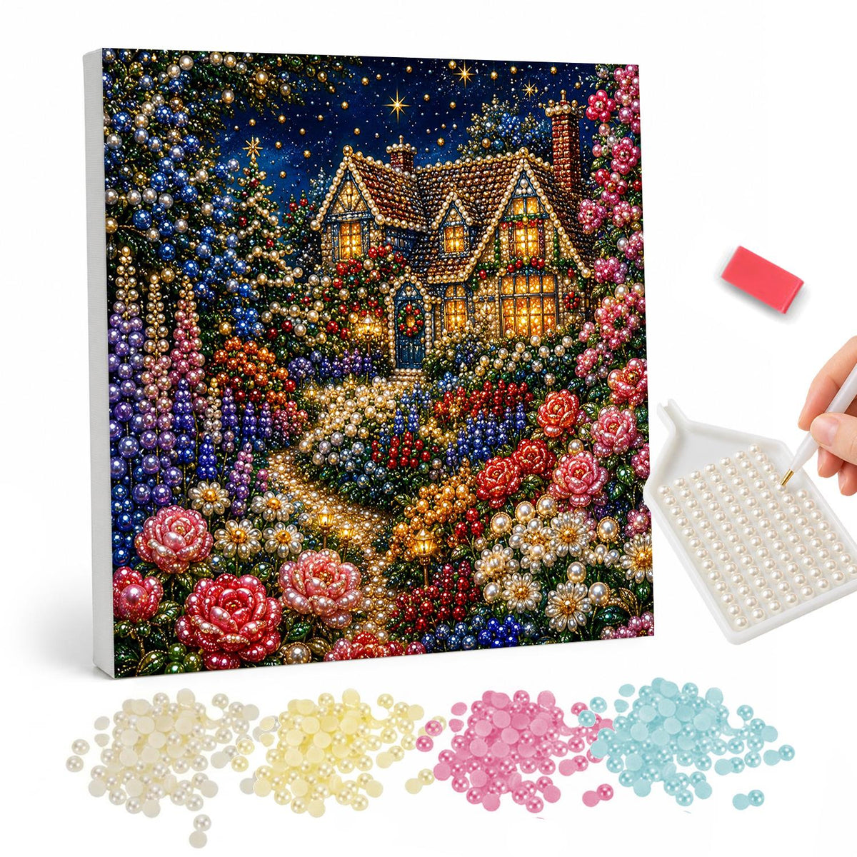 Red Rose Cottage After Dark pearl painting – Glowing cottage at night with red and pink roses and purple spires filling the garden in front