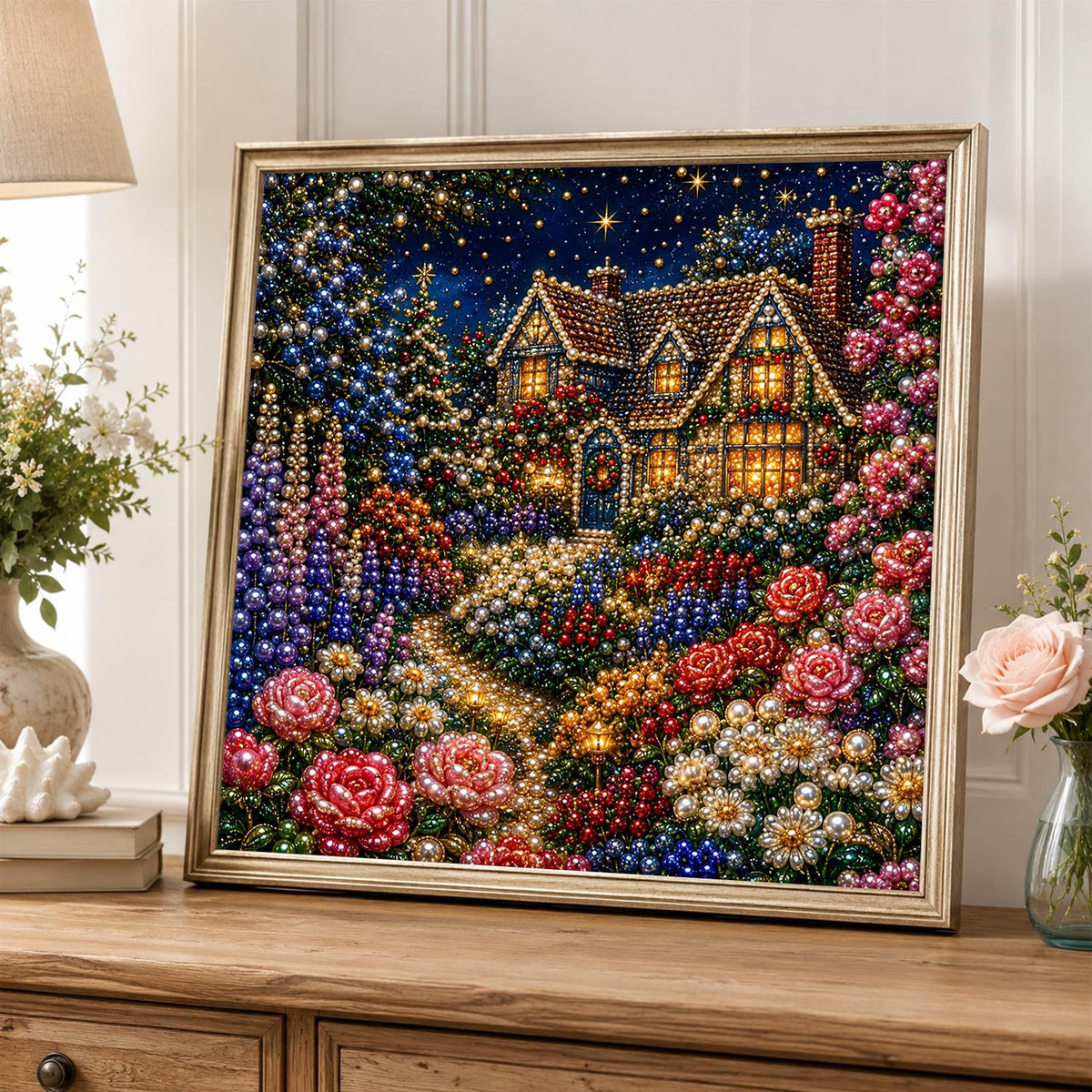 Red Rose Cottage After Dark pearl painting – image 5