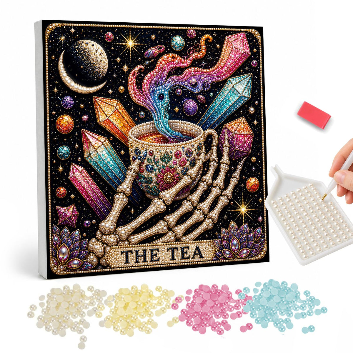 Skeleton Hand Spilling the Tea pearl painting – Tarot-style card of a skeleton hand holding a teacup trailing rainbow smoke among crystals, The Tea text
