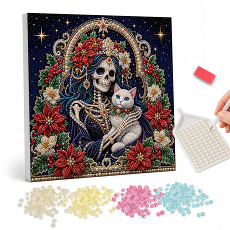 Skeleton and White Cat pearl painting – image 1