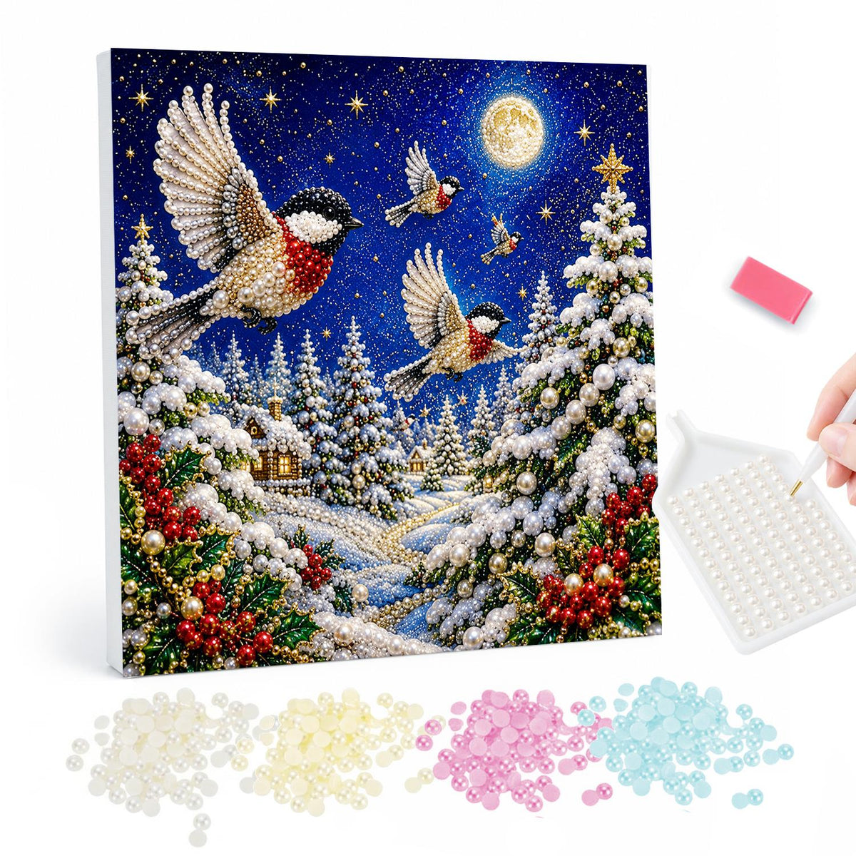 Chickadees in Moonlit Flight pearl painting – Chickadees flying over snowy pines and red berries beneath a full moon and starry blue sky
