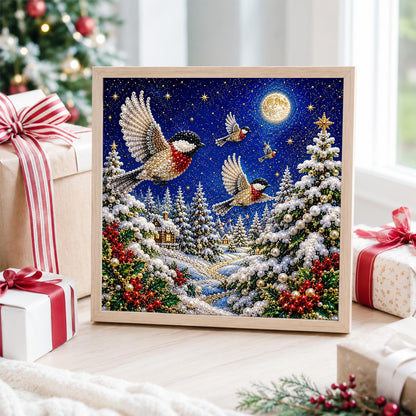 Chickadees in Moonlit Flight pearl painting – image 4
