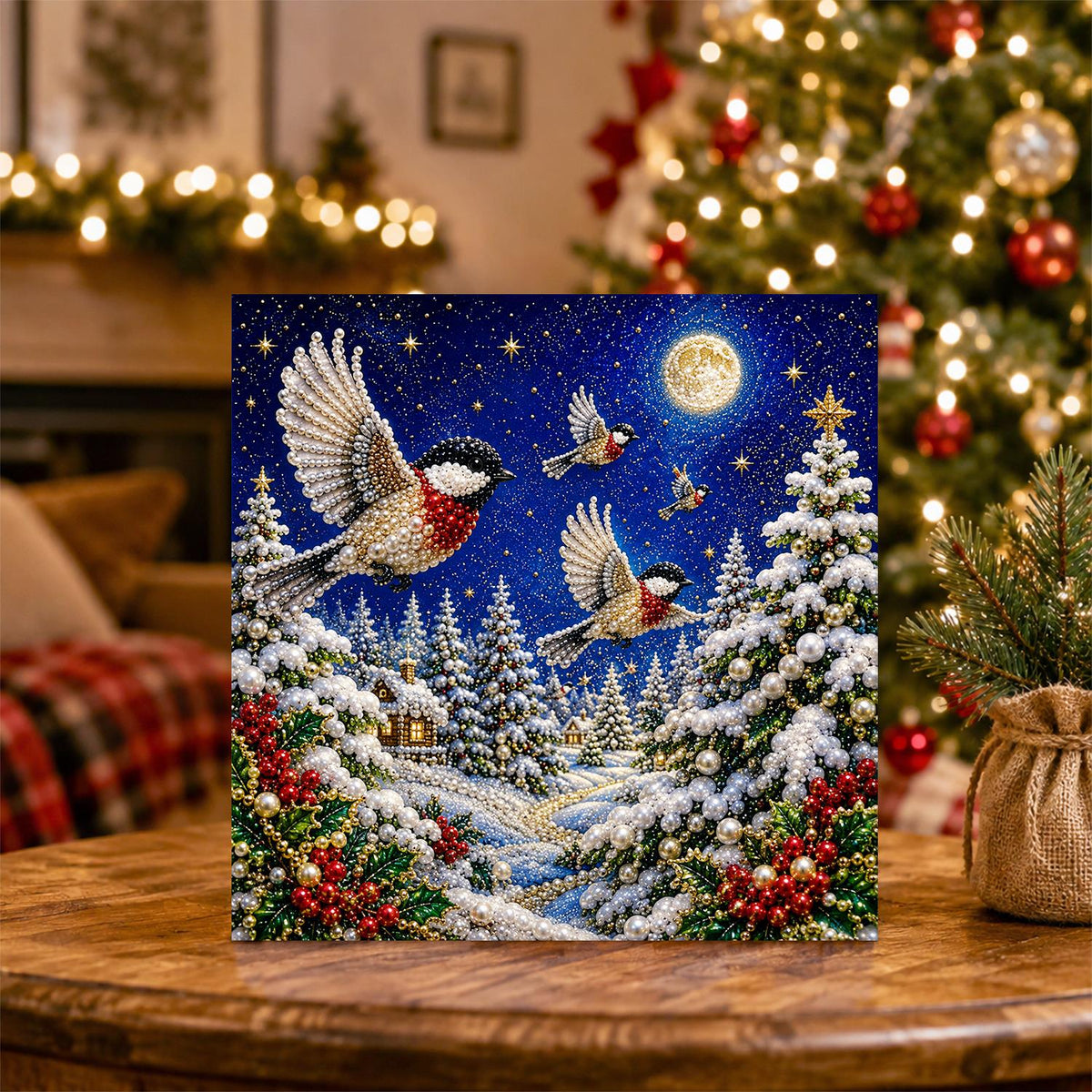 Chickadees in Moonlit Flight pearl painting – image 5
