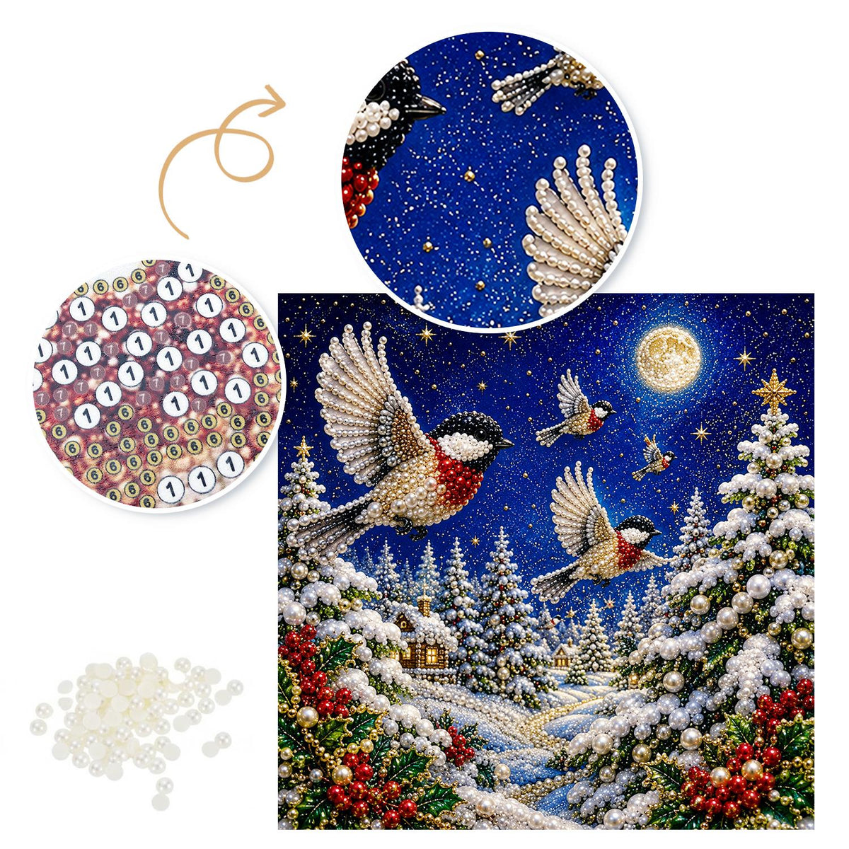 Chickadees in Moonlit Flight pearl painting – image 6