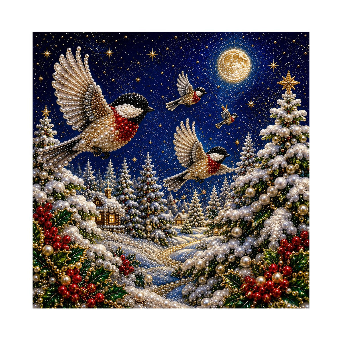 Chickadees in Moonlit Flight pearl painting – image 11