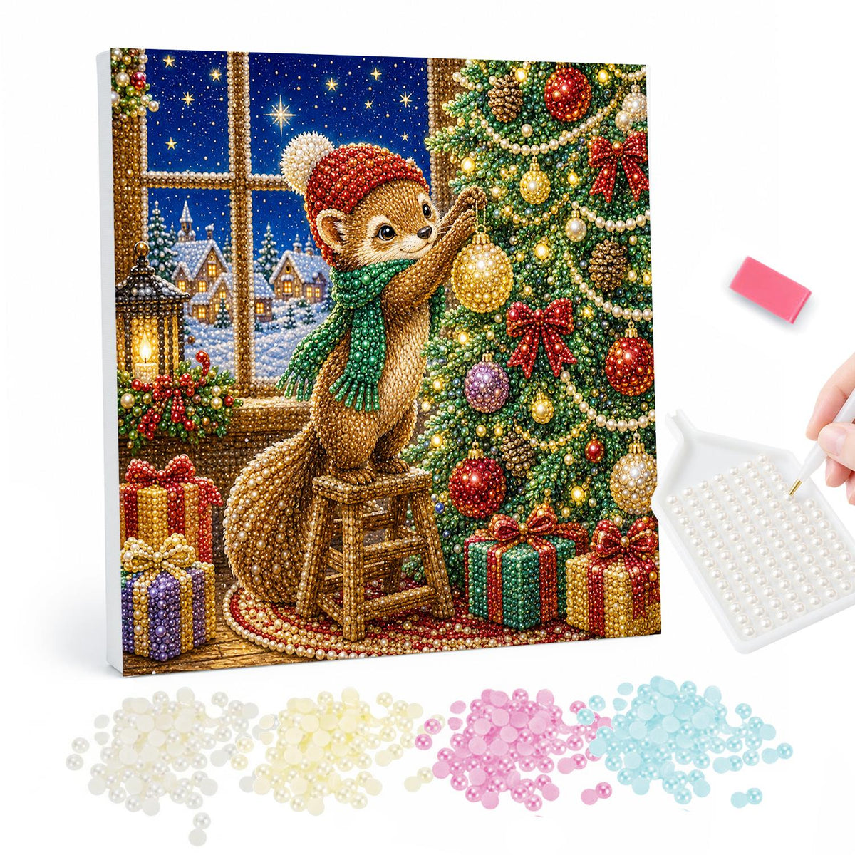 Squirrel Trimming the Tree pearl painting – Squirrel in a red knit hat and green scarf on a stool hanging baubles on a tree by a snowy window