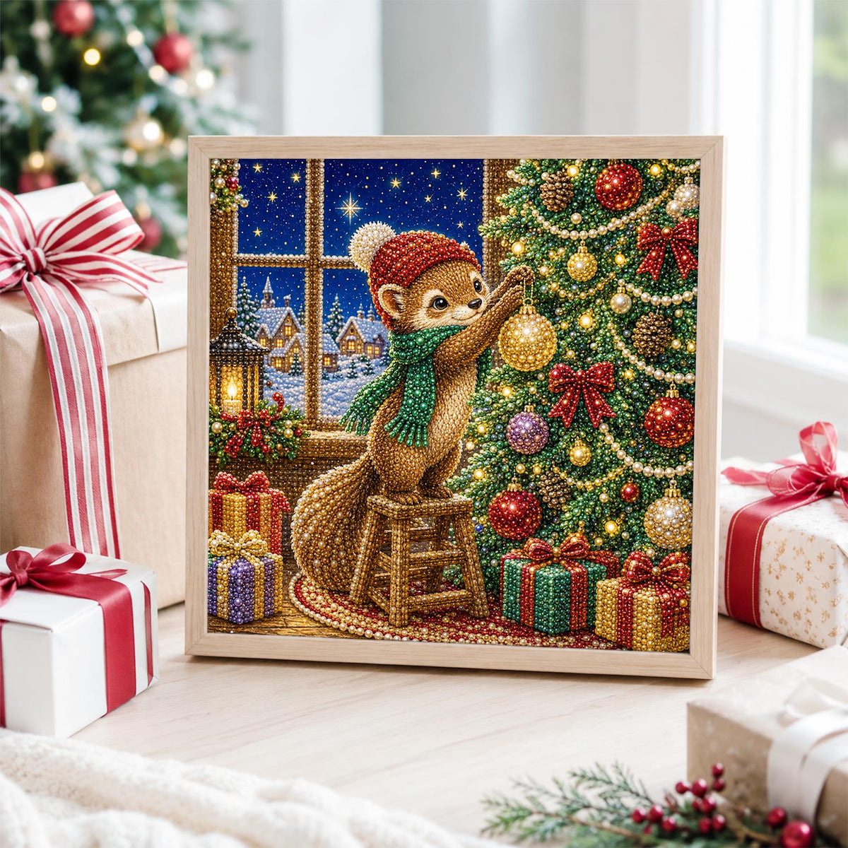 Squirrel Trimming the Tree pearl painting – image 4