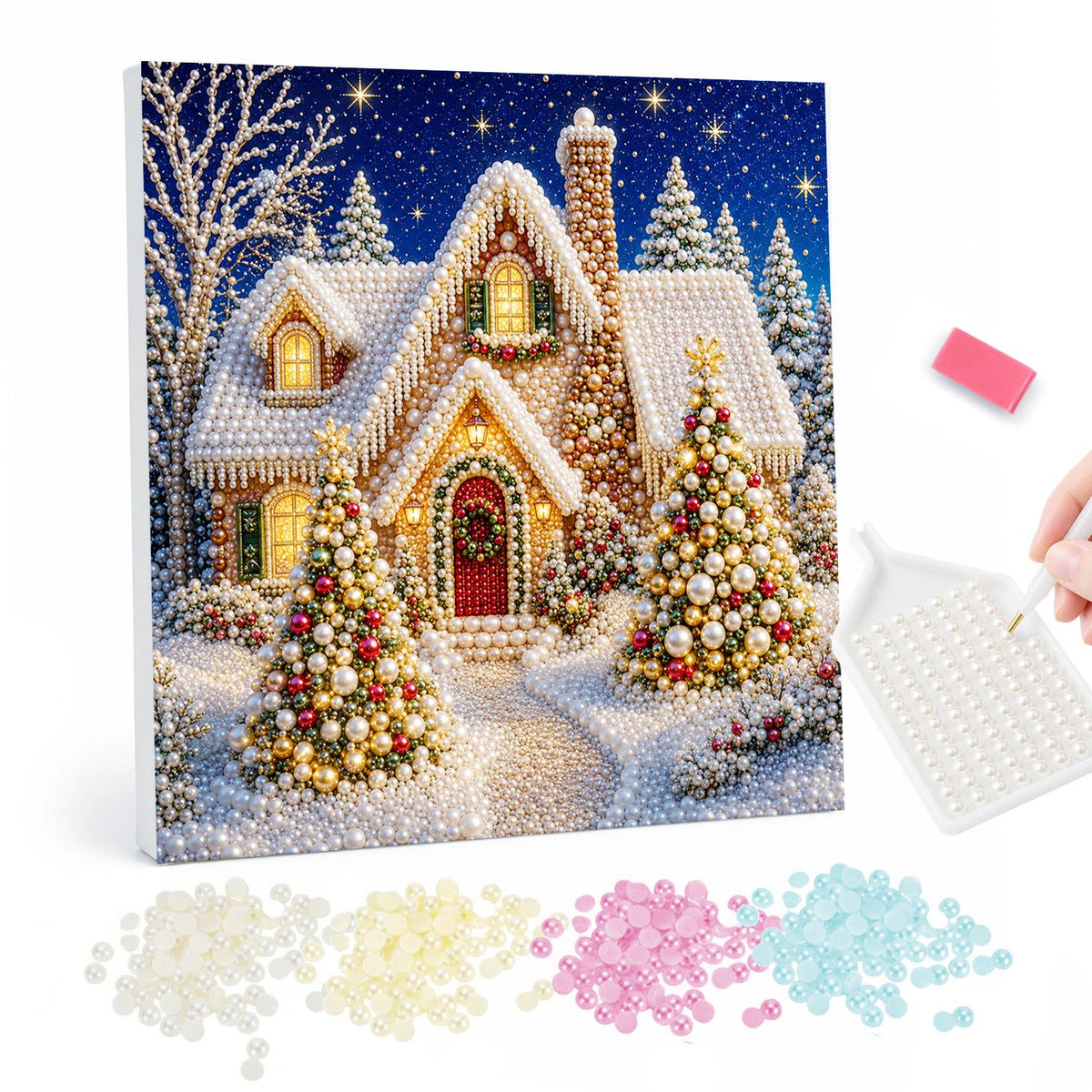Cottage Between Golden Trees pearl painting – Snowy cottage with a red door and glowing windows flanked by two gold-ornament Christmas trees