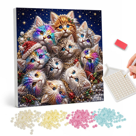 Rainbow-Tufted Kitten Pile pearl painting – Pile of fluffy kittens, some with rainbow fur and one in a Santa hat, under a starry night sky