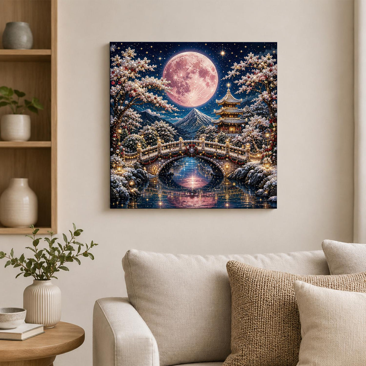 Arched Bridge Under a Pink Moon pearl painting – image 2