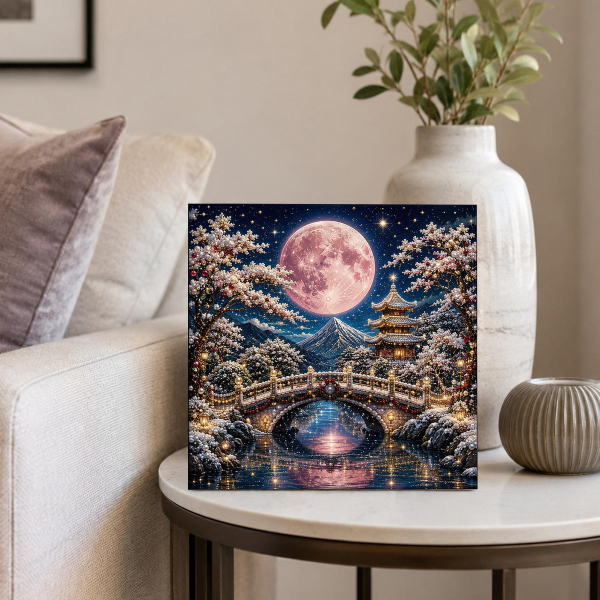 Arched Bridge Under a Pink Moon pearl painting – image 4