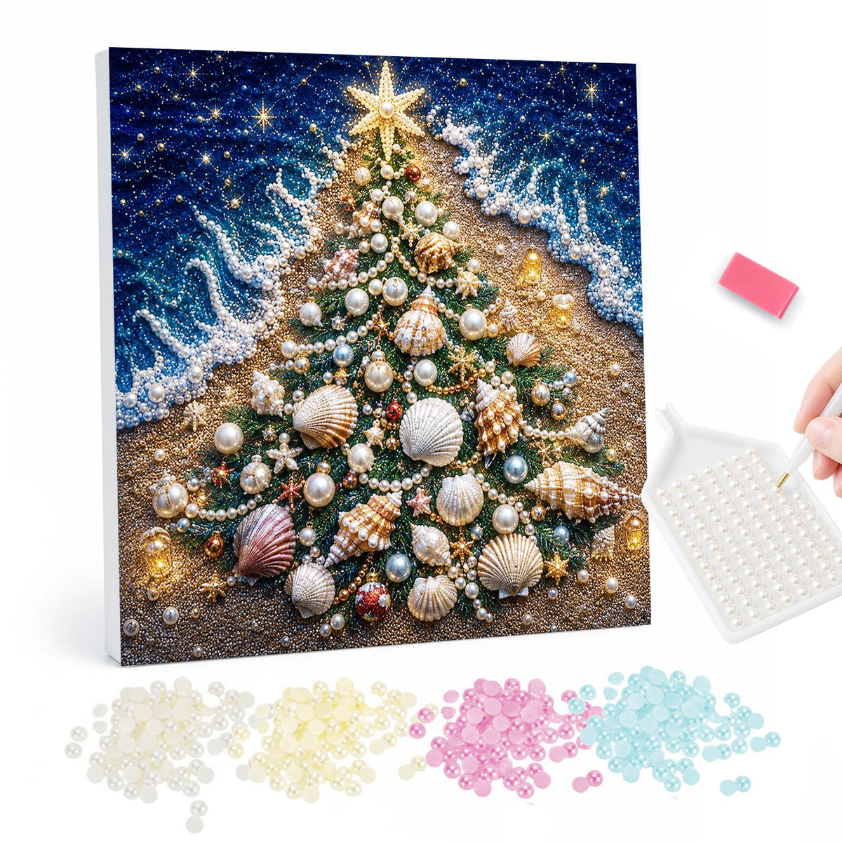 Seashell Tree on the Shore pearl painting – Christmas tree made of seashells and beads with a starfish on top, set on sand beside foaming waves