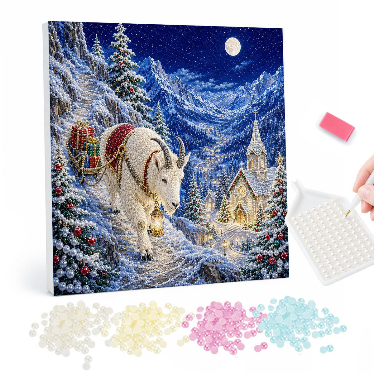 Mountain Goat Pulling a Sleigh pearl painting – White mountain goat in a red blanket pulling a gift sleigh past a snowy chapel under a full moon