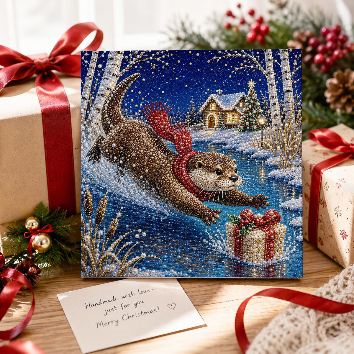 Otter Diving for a Gift pearl painting – image 2