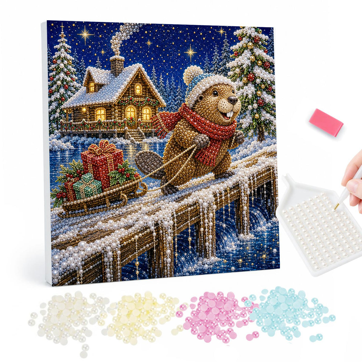Beaver's Snowy Night Sled Run pearl painting – Beaver in a cream knit hat and red scarf pulling a gift sled across an icy boardwalk by a lit cabin at night