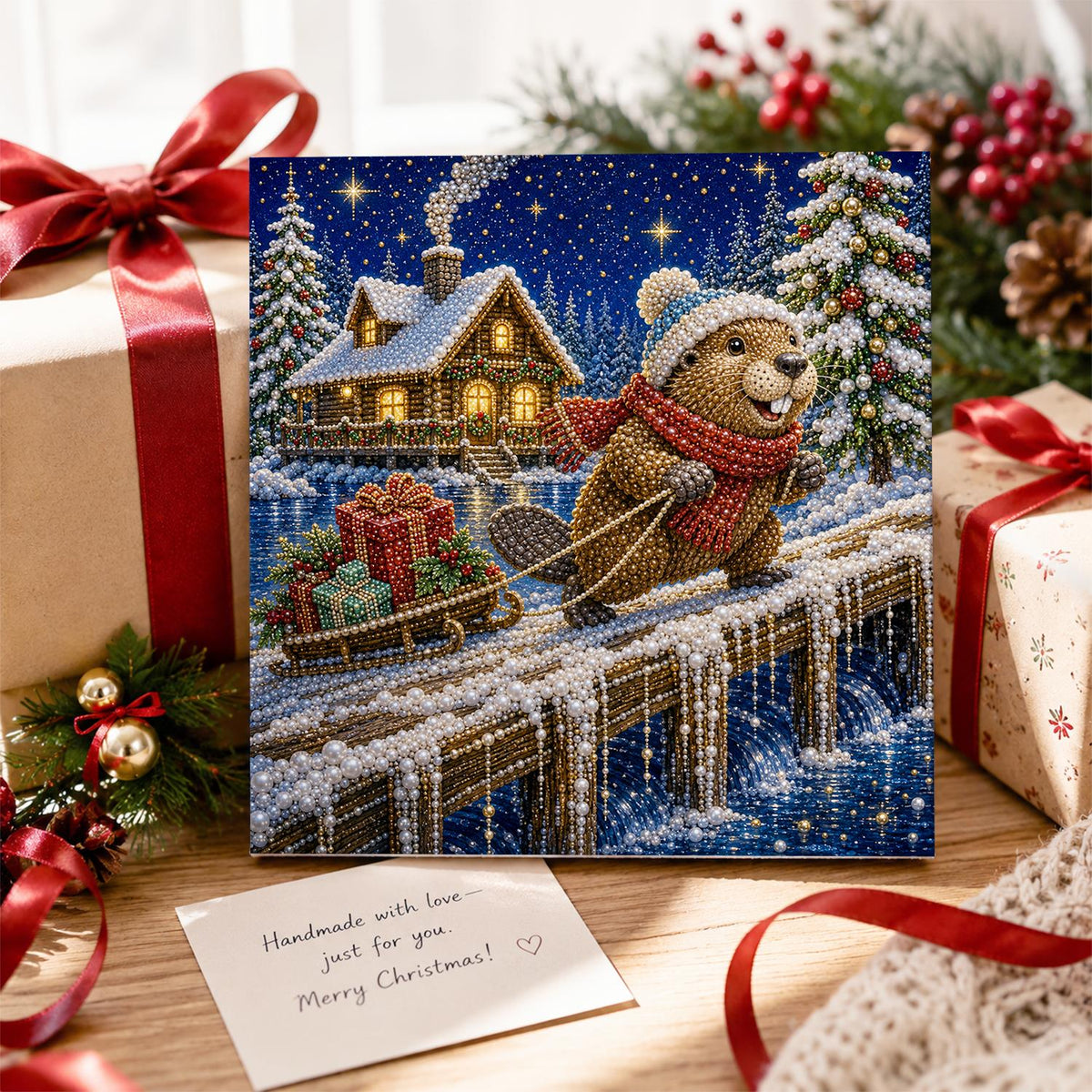 Beaver's Snowy Night Sled Run pearl painting – image 2