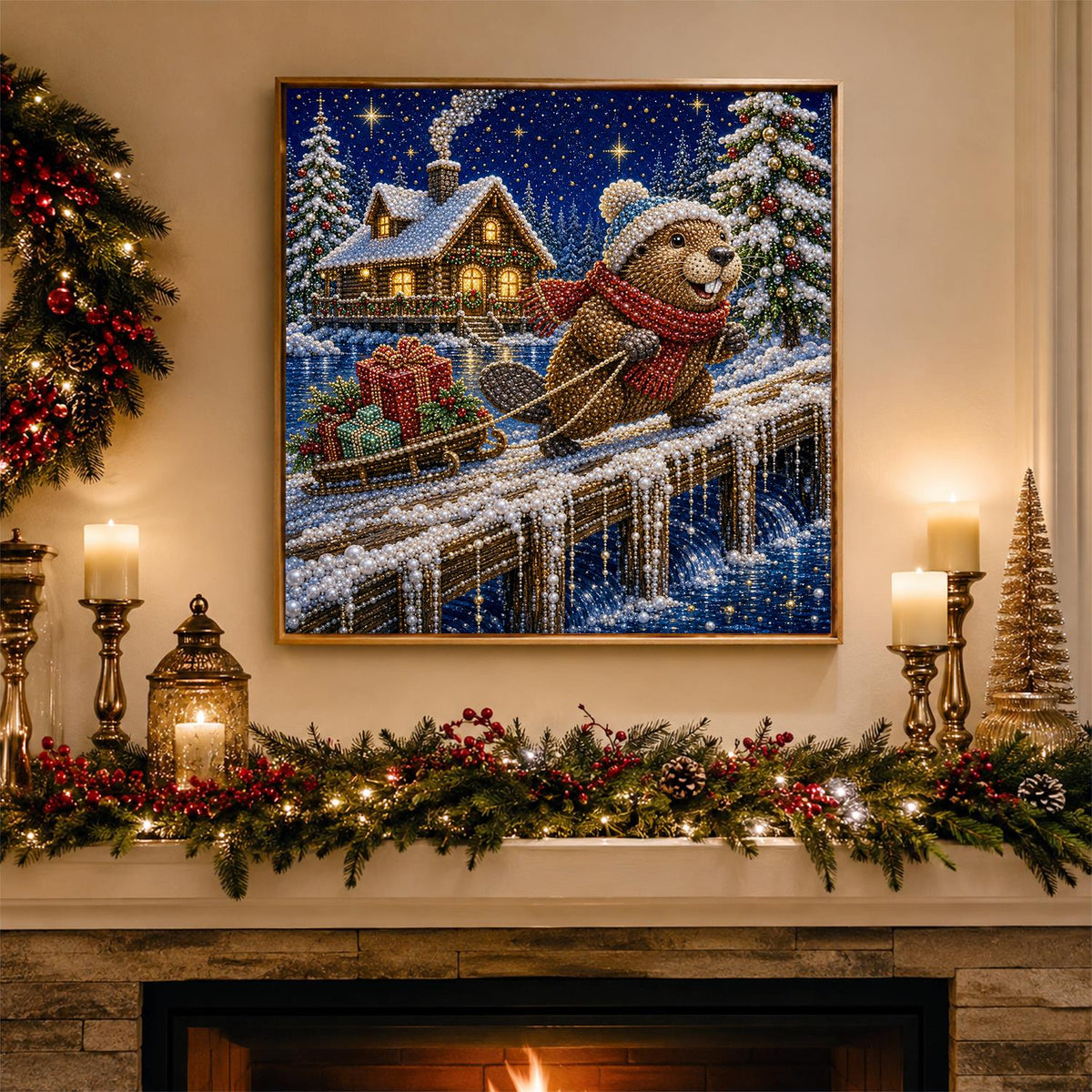 Beaver's Snowy Night Sled Run pearl painting – image 3