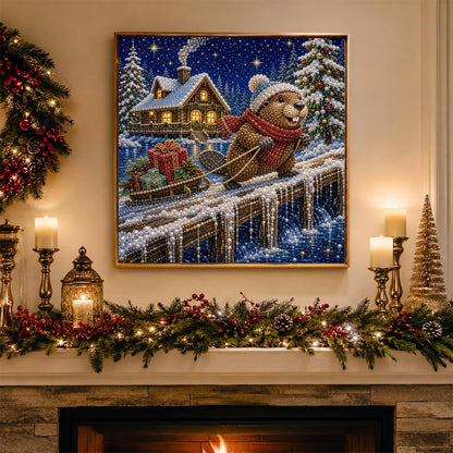 Beaver's Snowy Night Sled Run pearl painting – image 3