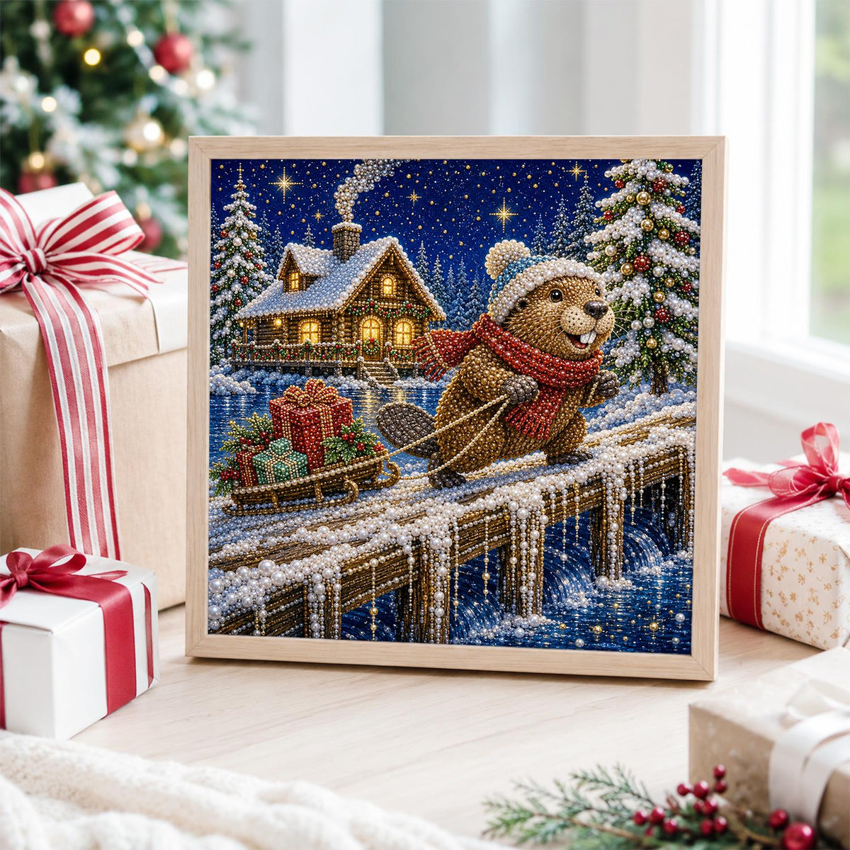 Beaver's Snowy Night Sled Run pearl painting – image 4