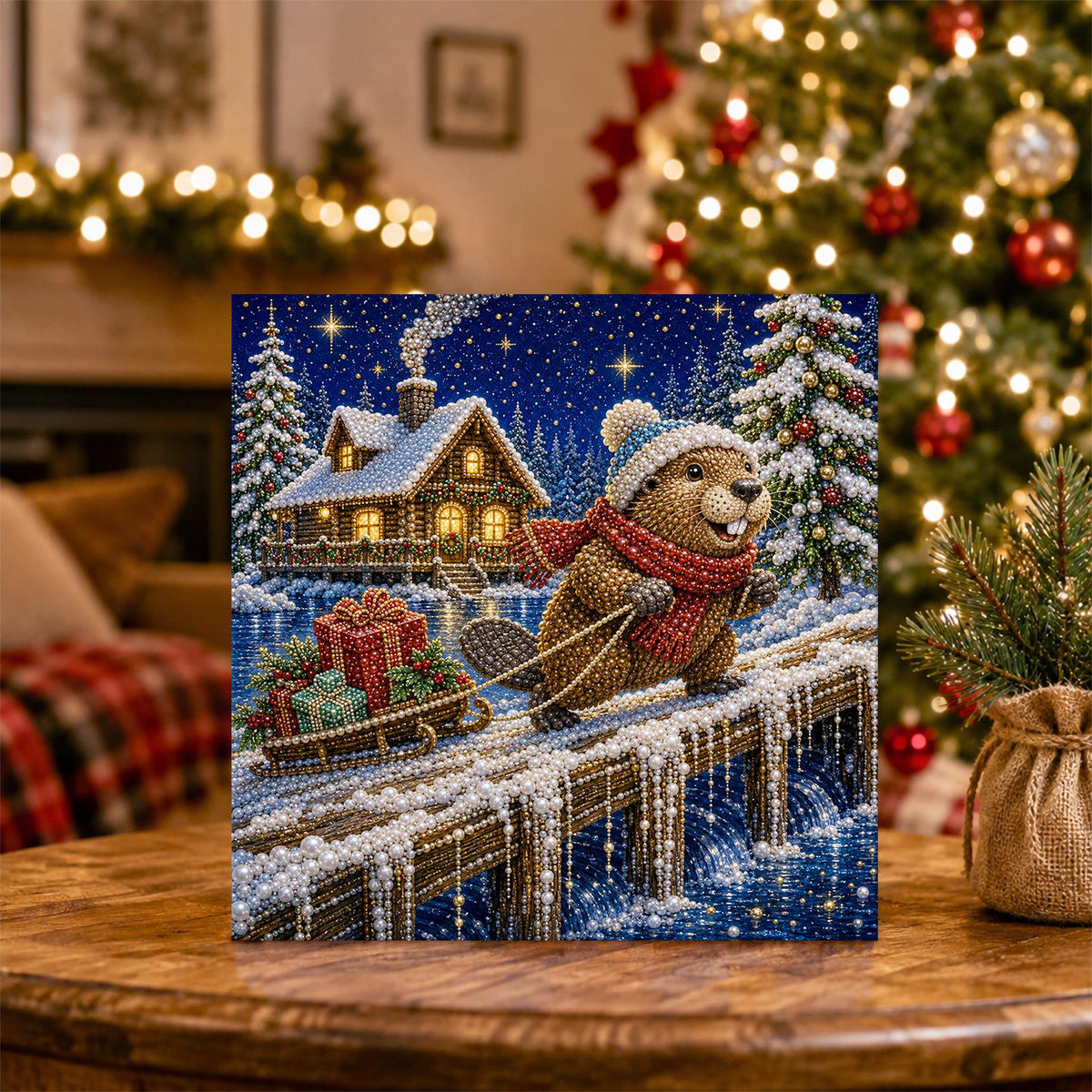 Beaver's Snowy Night Sled Run pearl painting – image 5