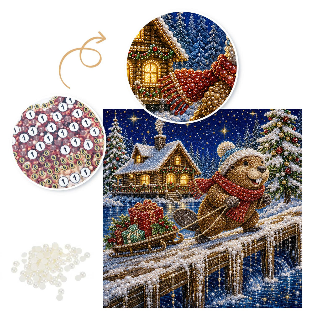 Beaver's Snowy Night Sled Run pearl painting – image 6