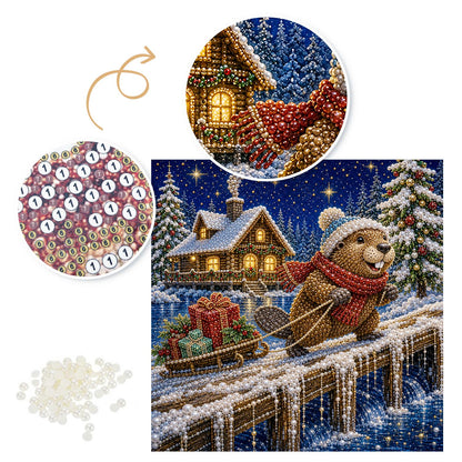 Beaver's Snowy Night Sled Run pearl painting – image 6